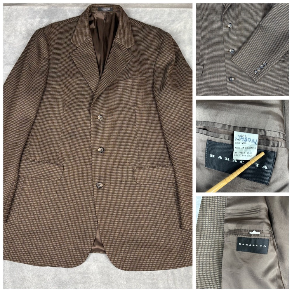 Baracuta Men's Houndstooth Wool Blazer Sport‎ Coat Jacket Casual Brown 42L